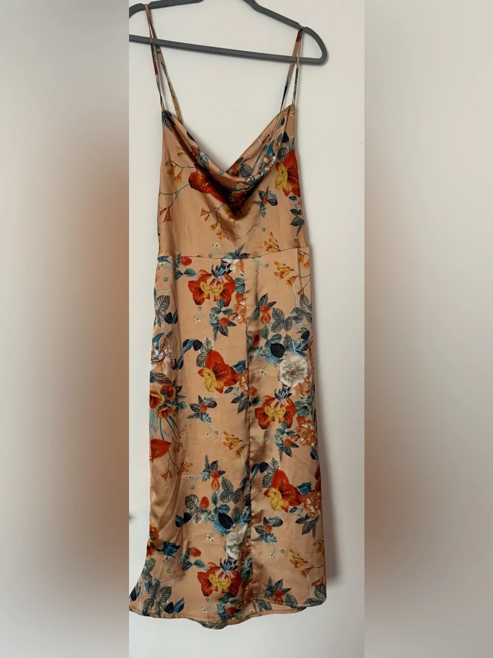 Boohoo Beige Floral Midi Slip Dress with Blue & Orange Flowers